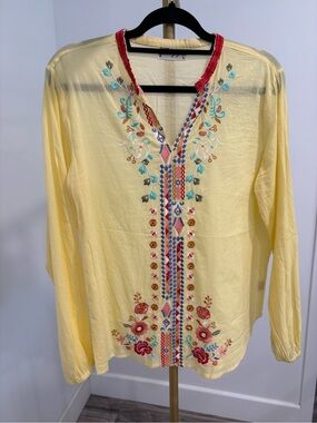 Yellow Embroidered V-Neck Boho Blouse
